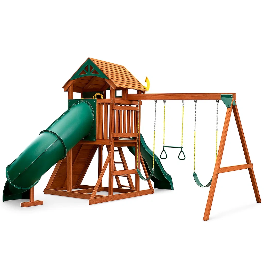 Équipements de jeux pour enfants aire de jeux en bois avec toboggan et balançoires