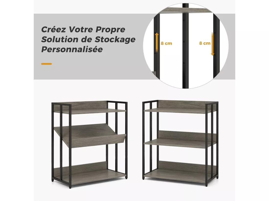 Bibliothèque industrielle à 3 niveaux, cadre en métal, 35 x 70 x 81 cm (gris)