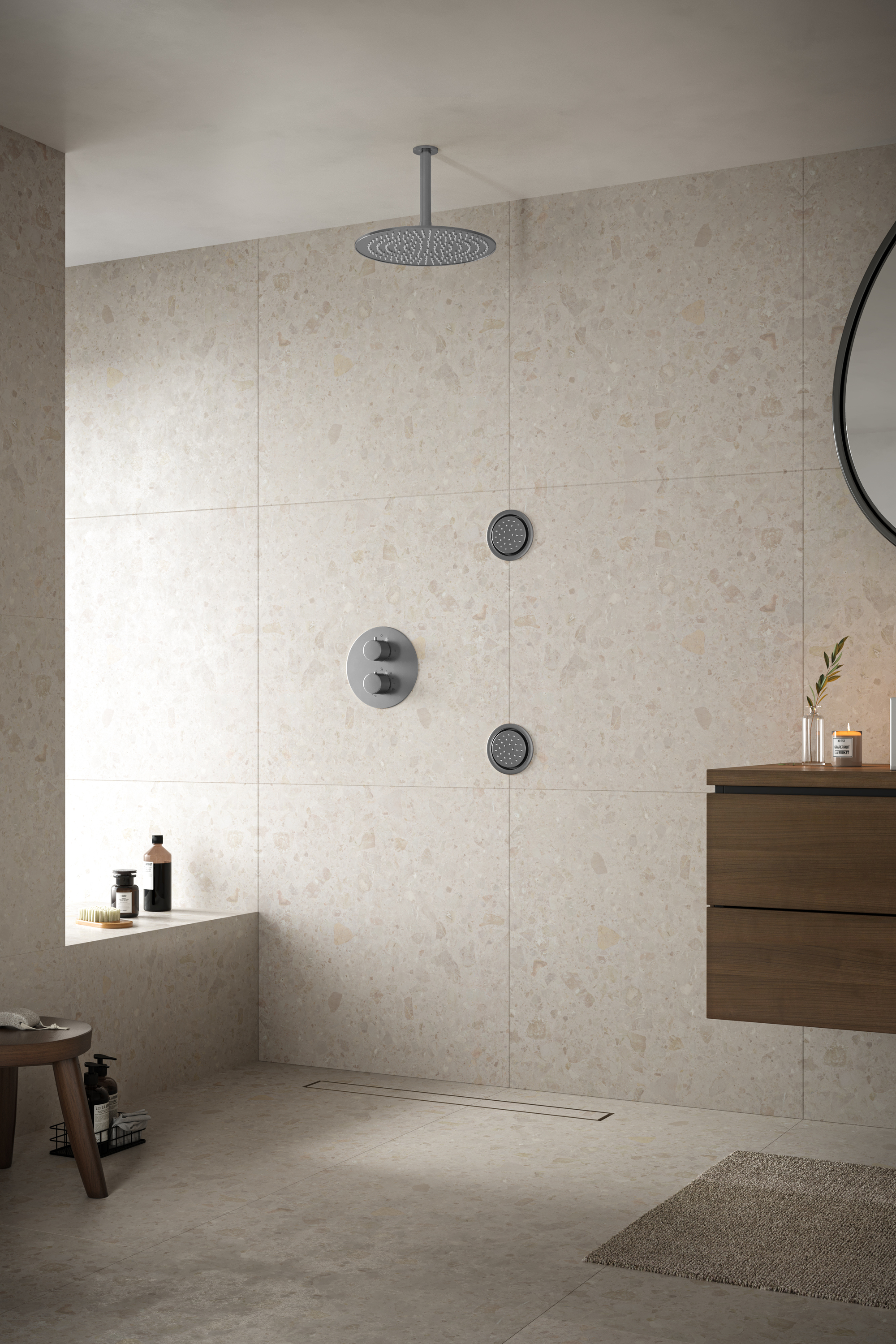 Saniclear Exclusive Curved inbouw regendouche 30cm met ronde massagejets en plafondarm RVS
