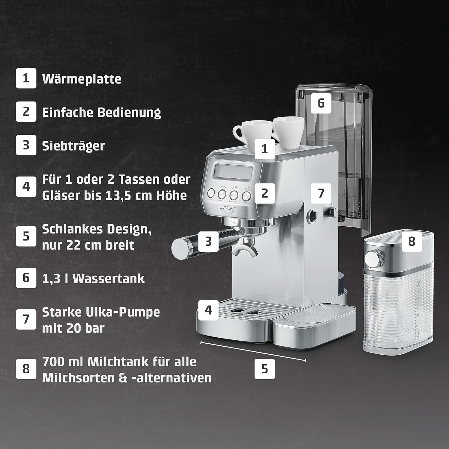 CASO Espresso Gourmet Latte - Testurteil Sehr Gut, Siebträgermaschine mit integriertem Milchbehälter, 20 bar ULKA Pumpe, Tassenwärmeplatte, 1 oder 2 Tassen, Silber, Edelstahl