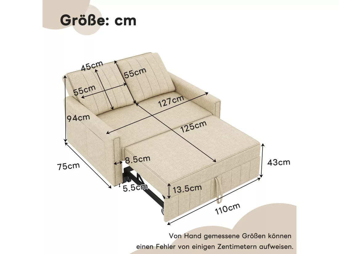 Canapé convertible 2 places, Canapé-lit pliant en tissu lin - 127 x 75/180 x 94 cm - avec fonction sommeil et dossier réglable - Beige