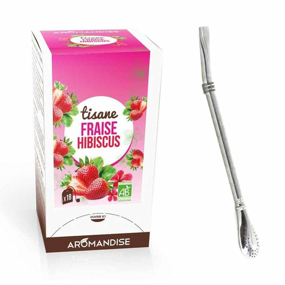 Tisane fraise et hibiscus biologique 20 sachets + paille inox avec filtre