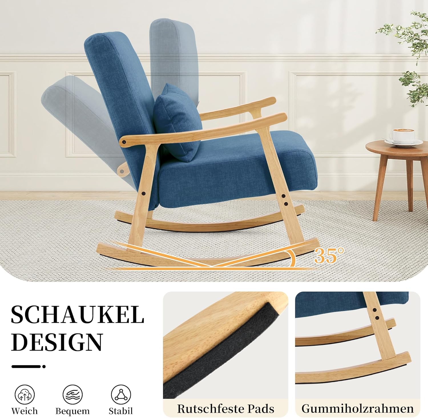Mid-Century Modern Schaukelstuhl, Schaukelsessel mit Lendenkissen, Gepolsterter Stillsessel mit Holzarmlehnen & Holzbeinen, Bequemer Sessel für Wohnzimmer, Schlafzimmer & Babyzimmer, Blau