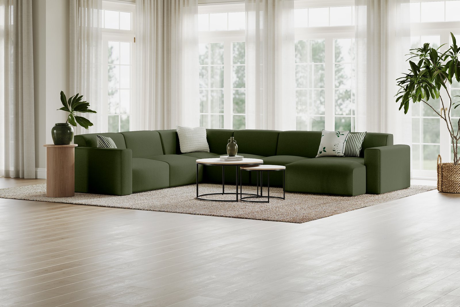 Styl U-sofa 2-seter venstre, 2-seter og sjeselong høyre. Tekstil Neve17/2 Dark Green med sorte ben.
