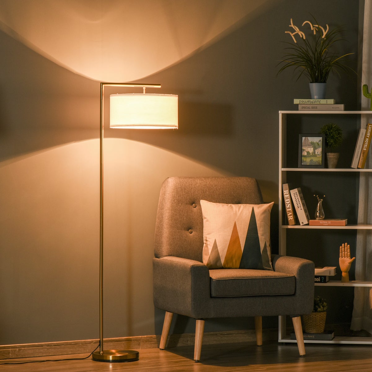 HOMCOM staande lamp, 47 x 37 x 153 cm, linnen, goud+wit