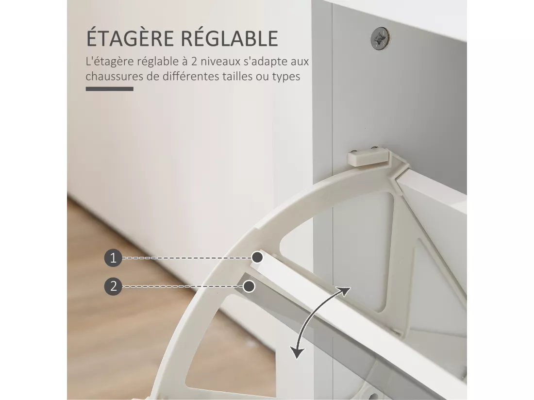 Armoire à chaussures 2 portes abattantes 2 compartiments poignées coquilles métal MDF blanc chêne clair