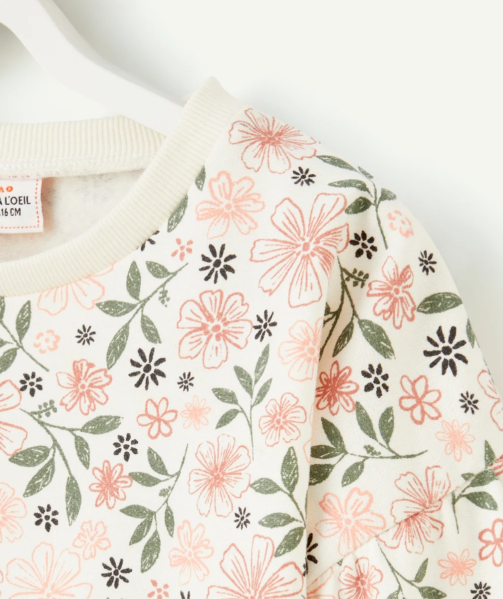 SWEAT FILLE EN FIBRES RECYCLÉES ÉCRU AVEC IMPRIMÉ FLEURI