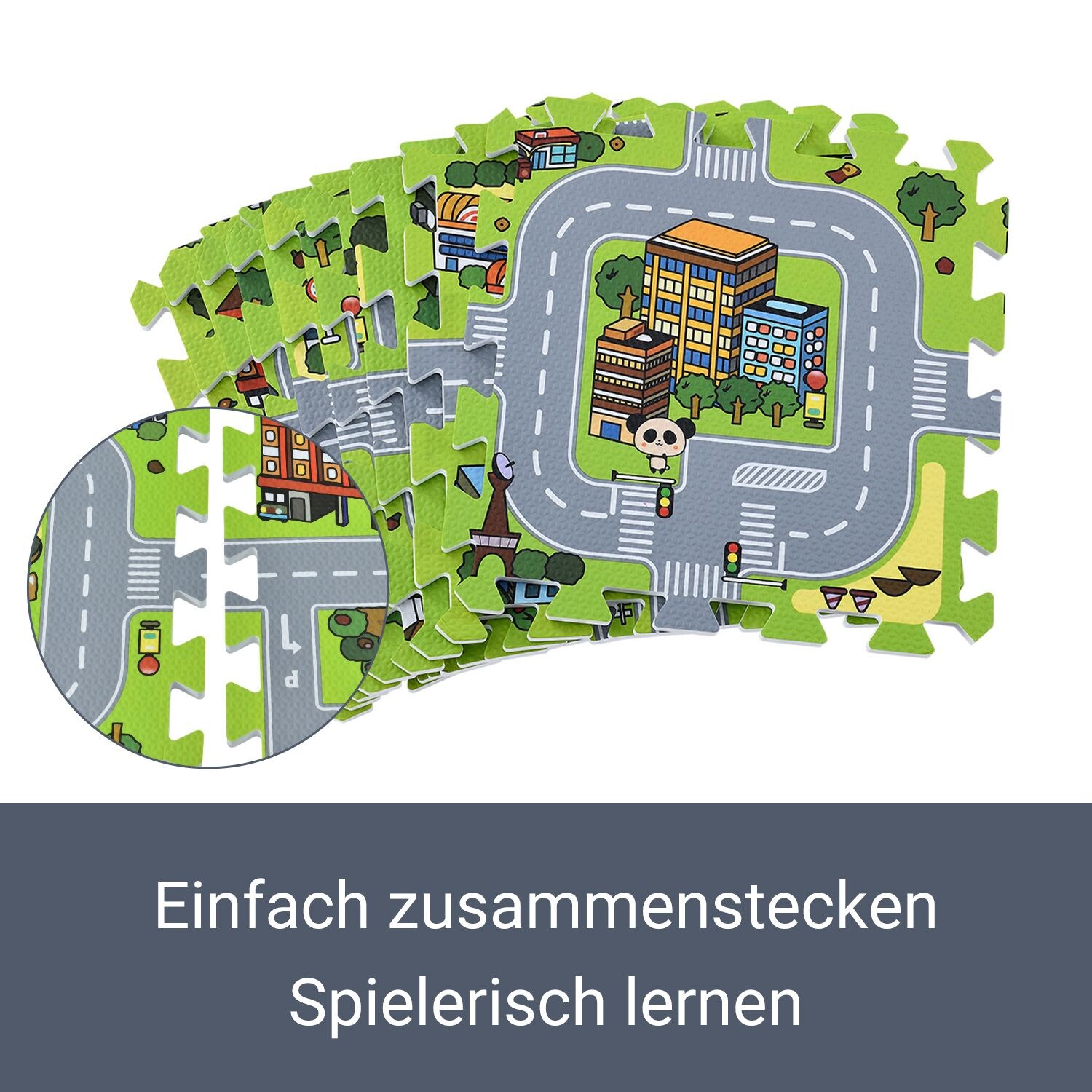Juskys Kinder Puzzlematte Jascha 9 Teile - Stadt & Straßen – rutschfest – Spielmatte ab 10 Monate