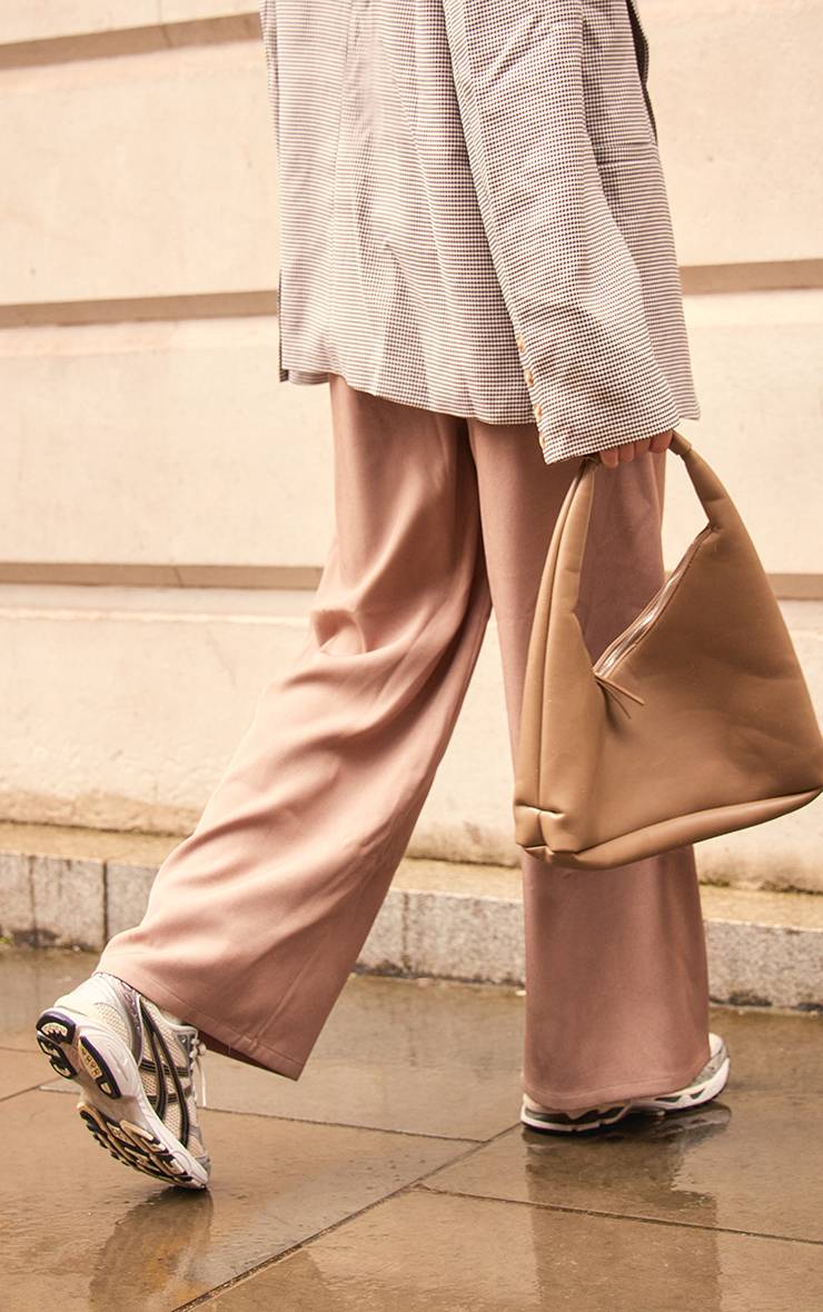 Taupe Pantalon Tailleur Droit Haut De Gamme À Pinces