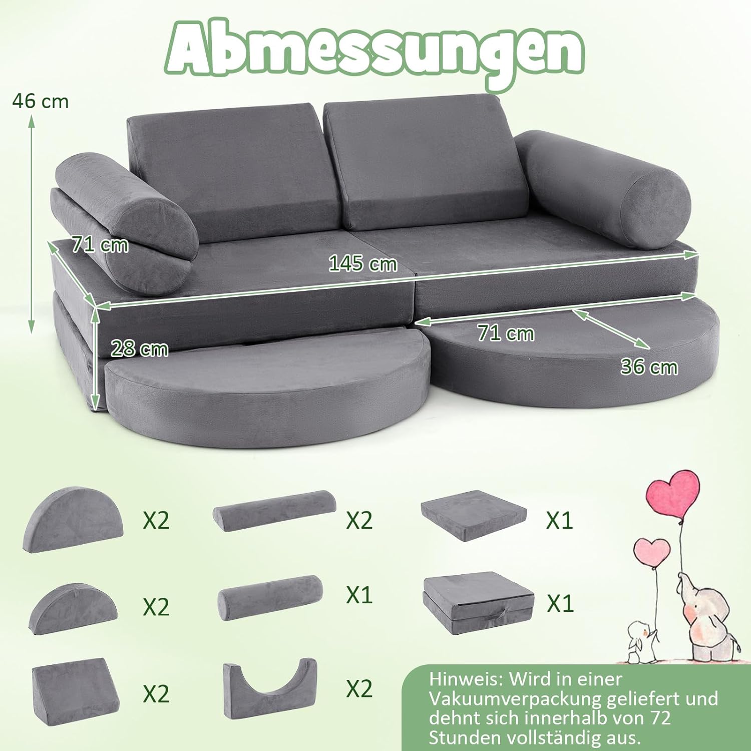 COSTWAY 14 teiliges modulares Kindersofa, Spielsofa aus Schaumstoff, Bausteine-Sofa zum Klettern & Krabbeln, Kinderspielcouch ausklappbar für Kinderzimmer, Spielzimmer (Grau)