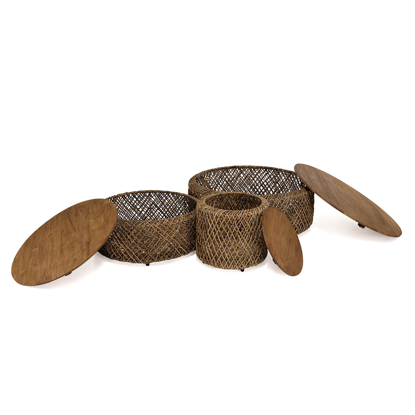 Macabane 3 Tables basses rondes en tissage de fibre de cocotier Sixtine bois