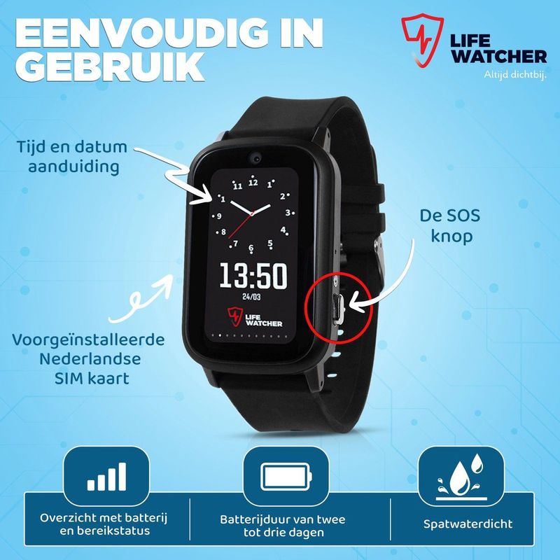 Lifewatcher - Senior 4G - Alarmeringshorloge - Zwart - GPS Tracker - Alarmknop