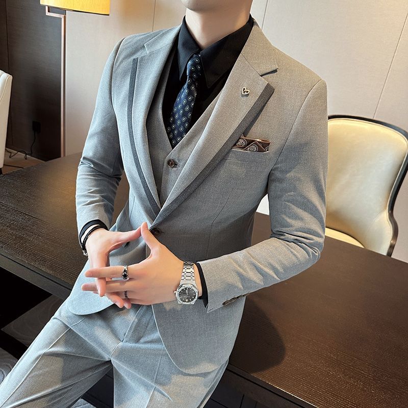 Bay Go Mall - Set: Reverskraag Contrasterende Bies Enkelknoops Blazer + Enkelrijs Vest + Mid Rise Jurk Broek