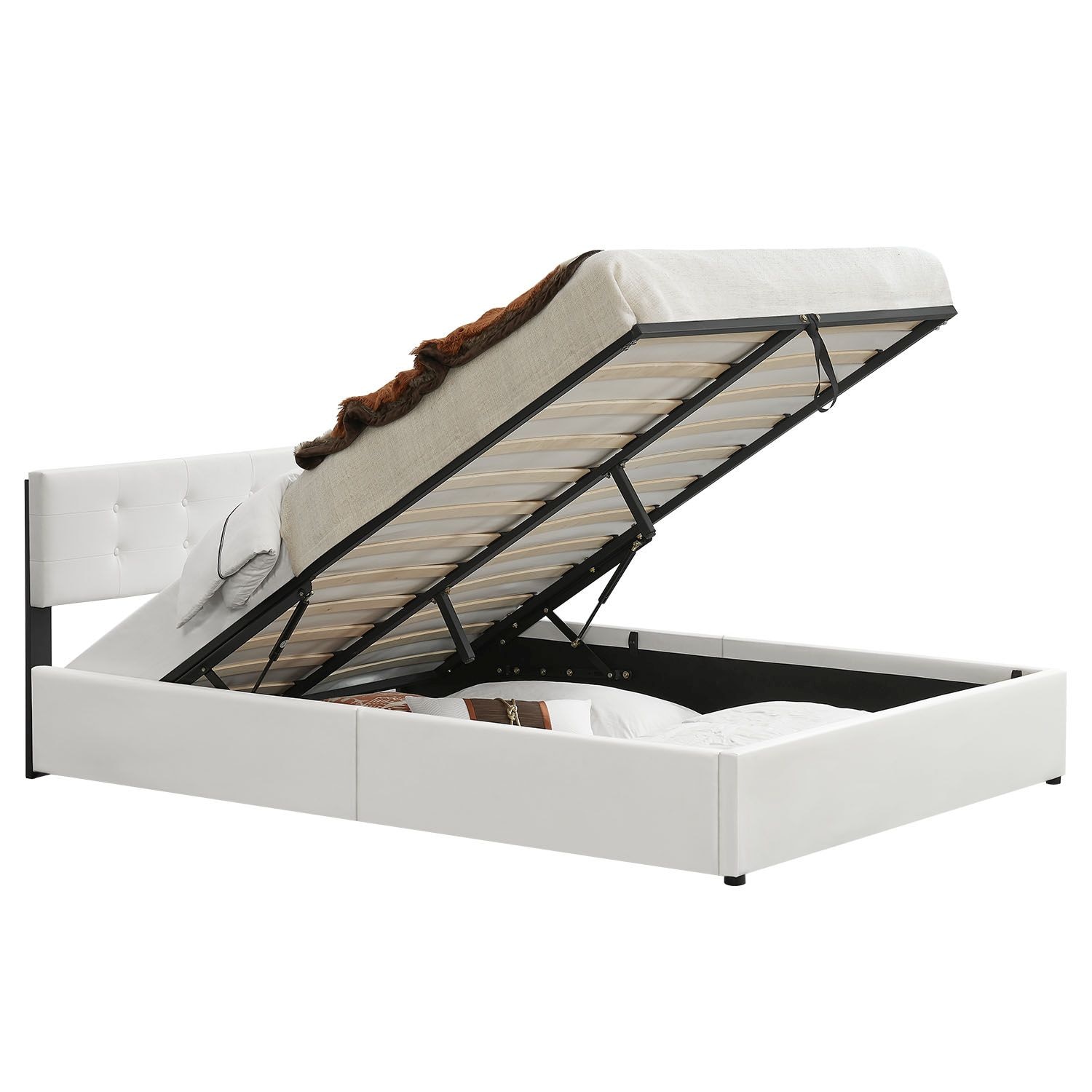 Juskys Polsterbett Marbella 140x200 cm weiß mit Bettkasten & Lattenrost – Bett mit Holzgestell