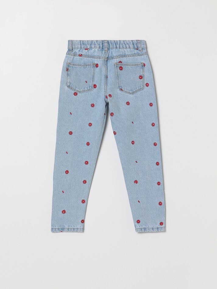 Calça jeans mom fit bordada - Azul-marinho