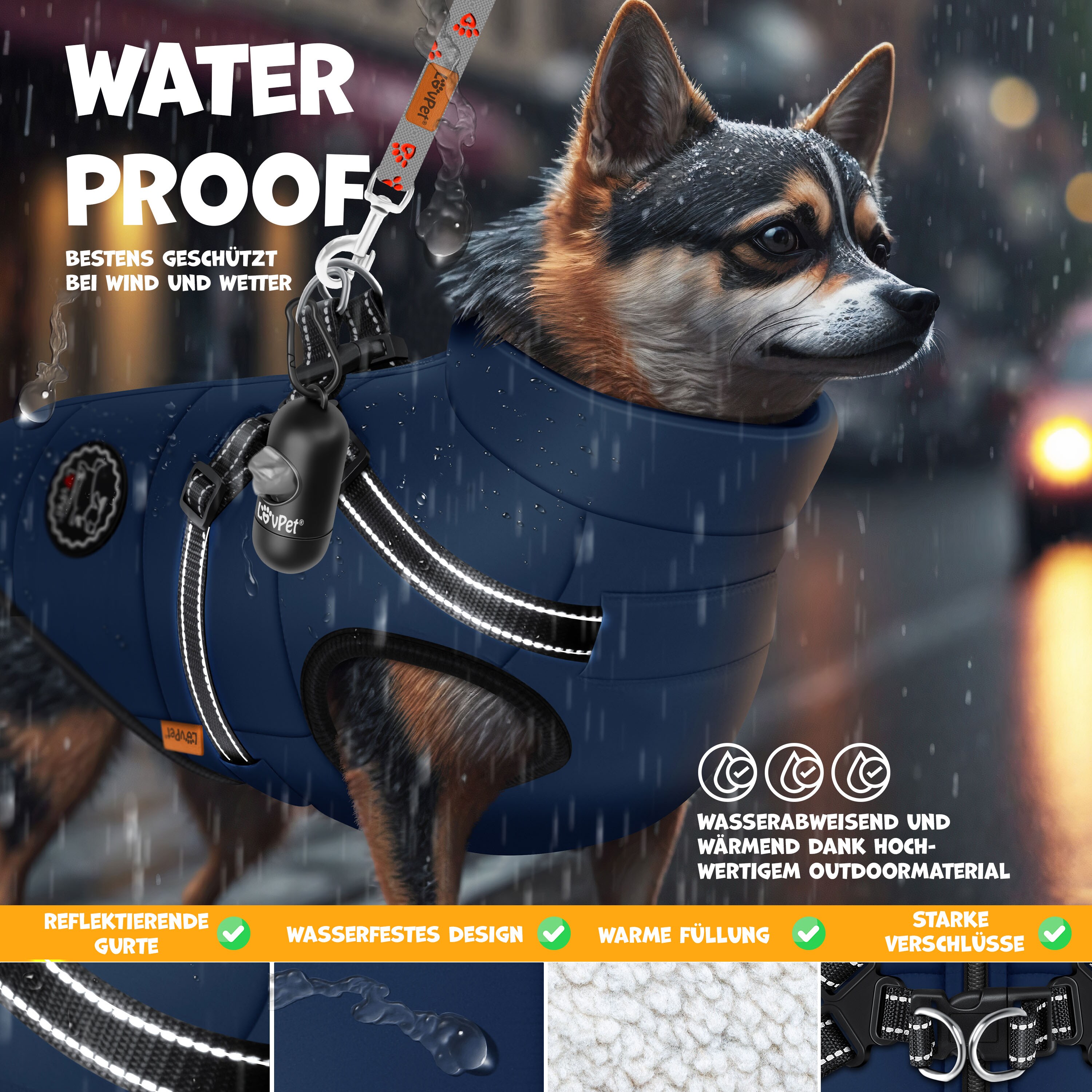 LOVPET® Hundejacke Hundemantel mit Geschirr, inkl. 45 Stück Kotbeutel + Spender, Hunde Winterweste gefüttert wasserdicht, Gepolsterte Weste Mit Brustgurt, Reflektoren, D-Ring