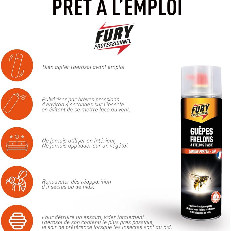 Insecticide Fury guêpes et frelons - Aérosol de 500 ml