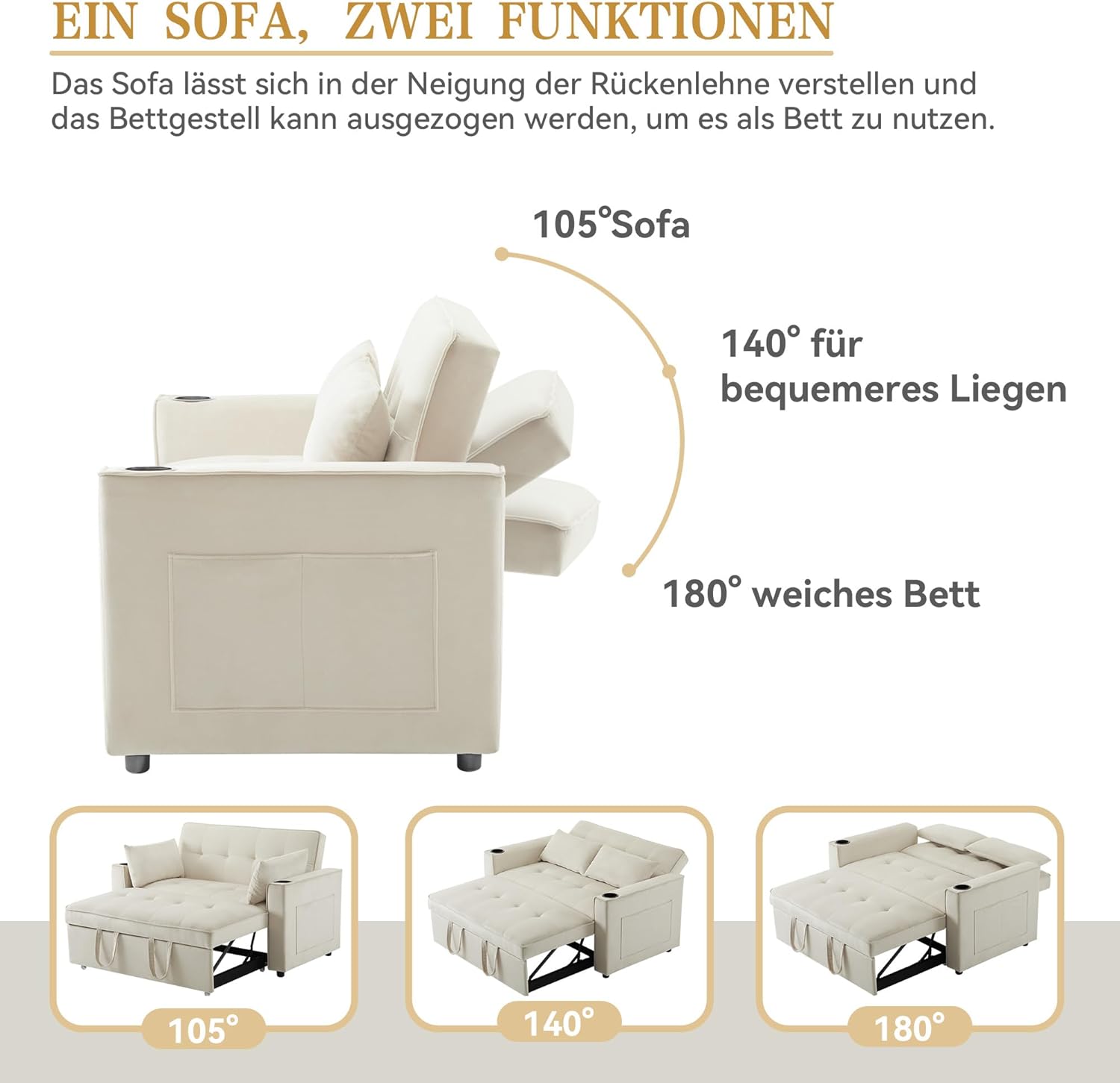 Merax Schlafsofa 2-Sitzer Sofa mit Schlaffunktion, Klappbares 3-in-1 Schlafcouch mit Verstellbarer Rückenlehne, Getränkehalter und Armlehnentaschen, aus Samt, Beige 137 x 76.5 x 83 cm