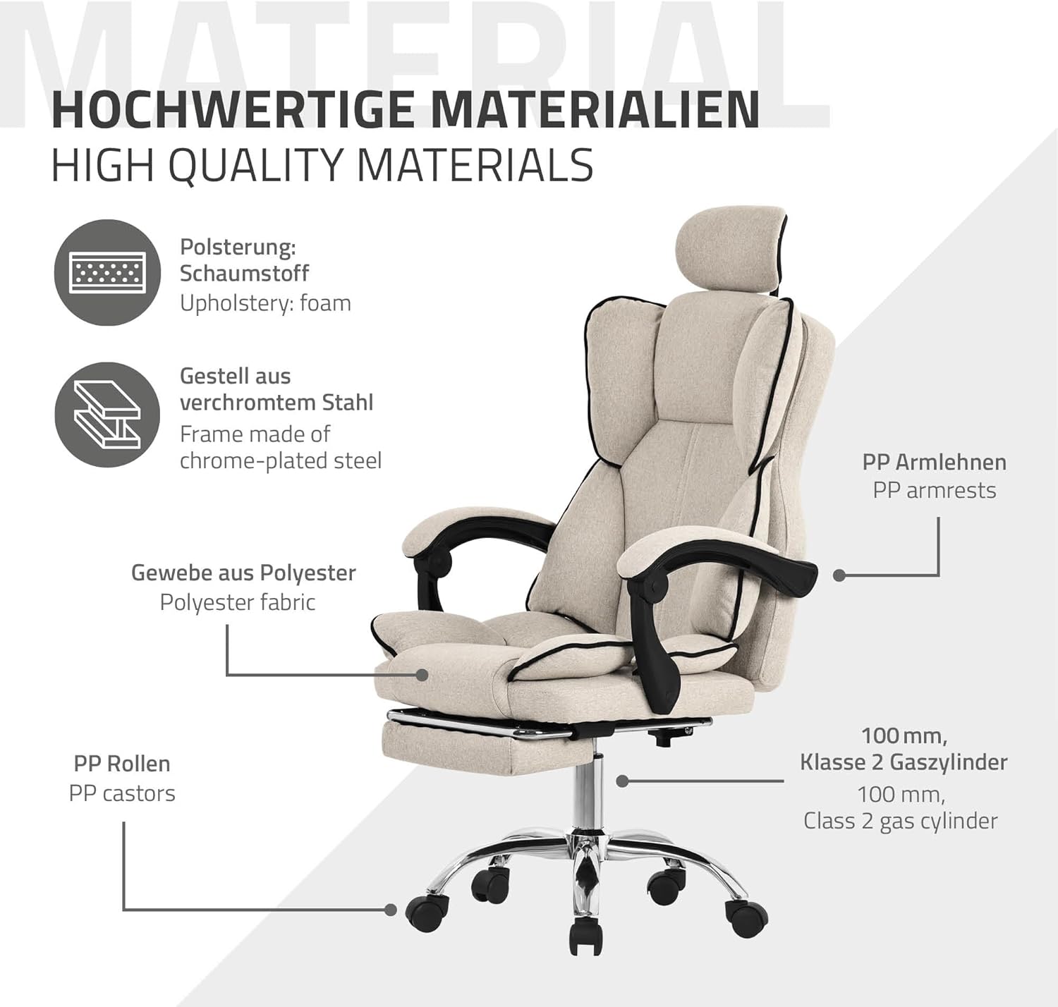ML-Design Bürostuhl ergonomisch, Beige, Schreibtischstuhl höhenverstellbar mit hoher Rückenlehne, Drehstuhl mit Fußstütze, Kissen und Kopfstütze, Chefsessel Wippfunktion, Computerstuhl, Gaming Stuhl