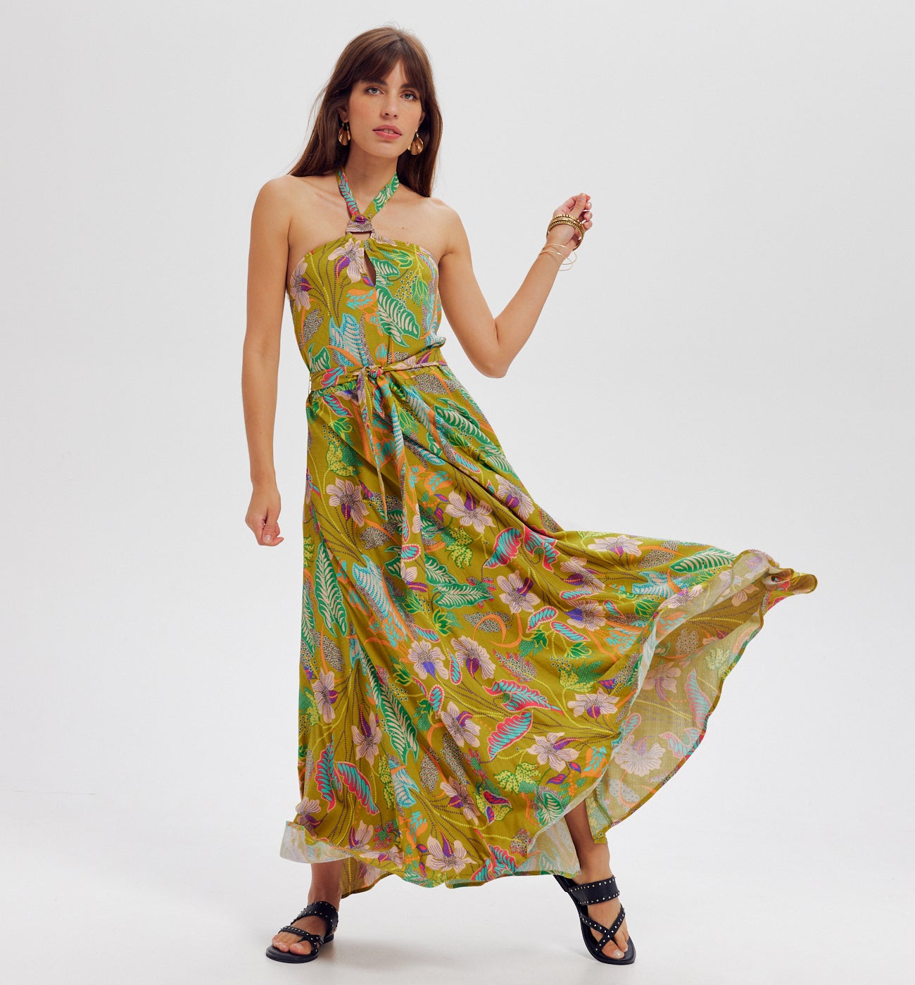 Robe dos nu imprimée - Imprimé vert anis