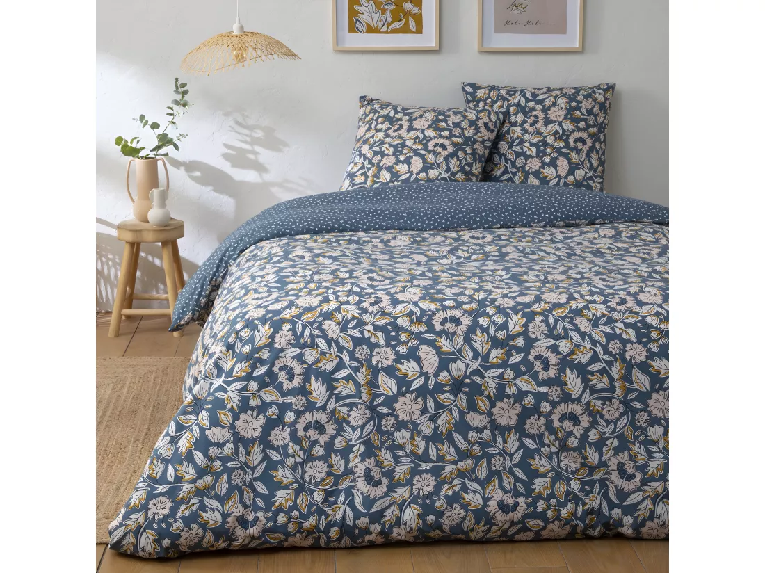Parure de lit 2 personnes fleurie en percale 70 fils 260x240cm
