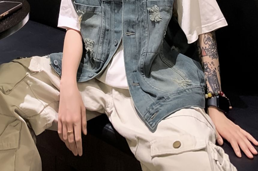 Filmas - Distressed Denim Single-Breasted Vest