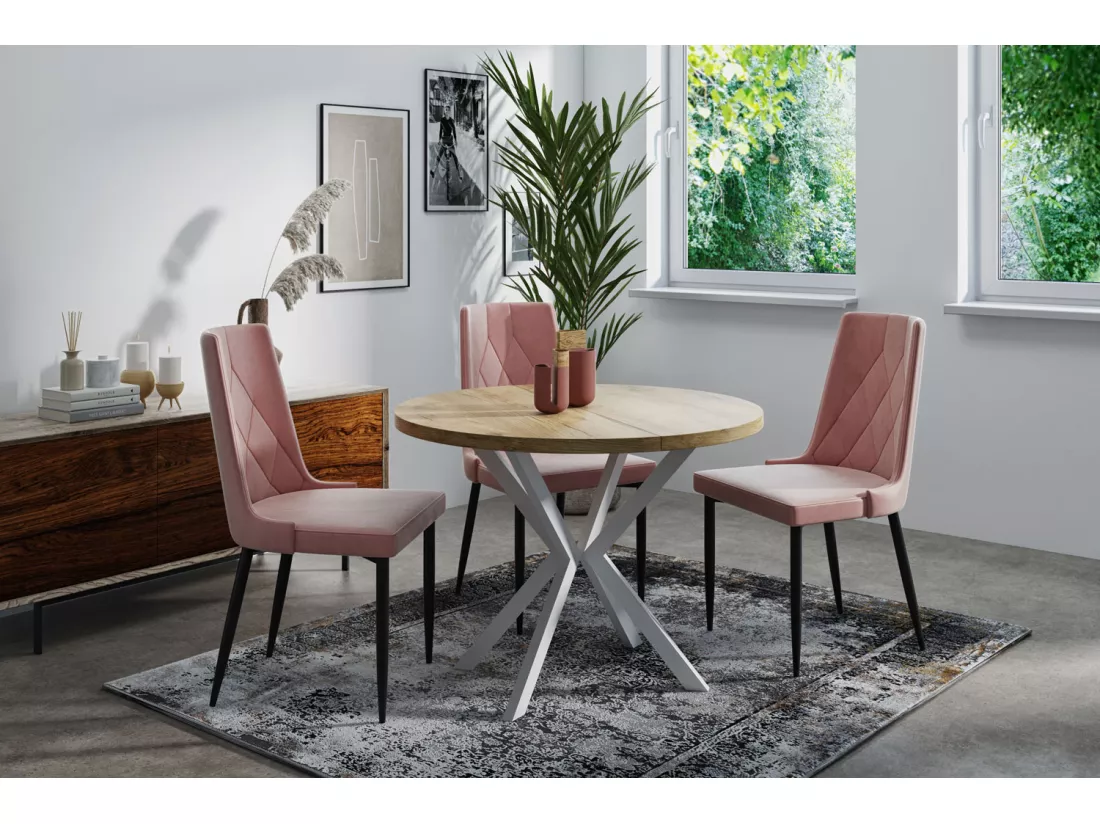 Table à Manger Extensible Ronde - Table Style Loft Avec Blanc Pieds En Métal - 120 à 200 Cm - Table Ronde Style Industriel Pour Le Salon - Compacte - Chêne Craft -