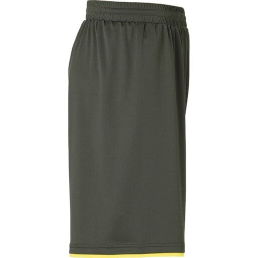 Calções Club Uhlsport nas cores verde-oliva escuro/amarelo fluorescente