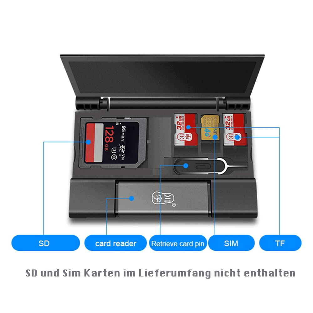 2in1 USB C / USB 3.0 Alu Kartenlesegerät Card Reader für SD und Micro SD Speicherkarten   Aufbewahrungsbox - Grau