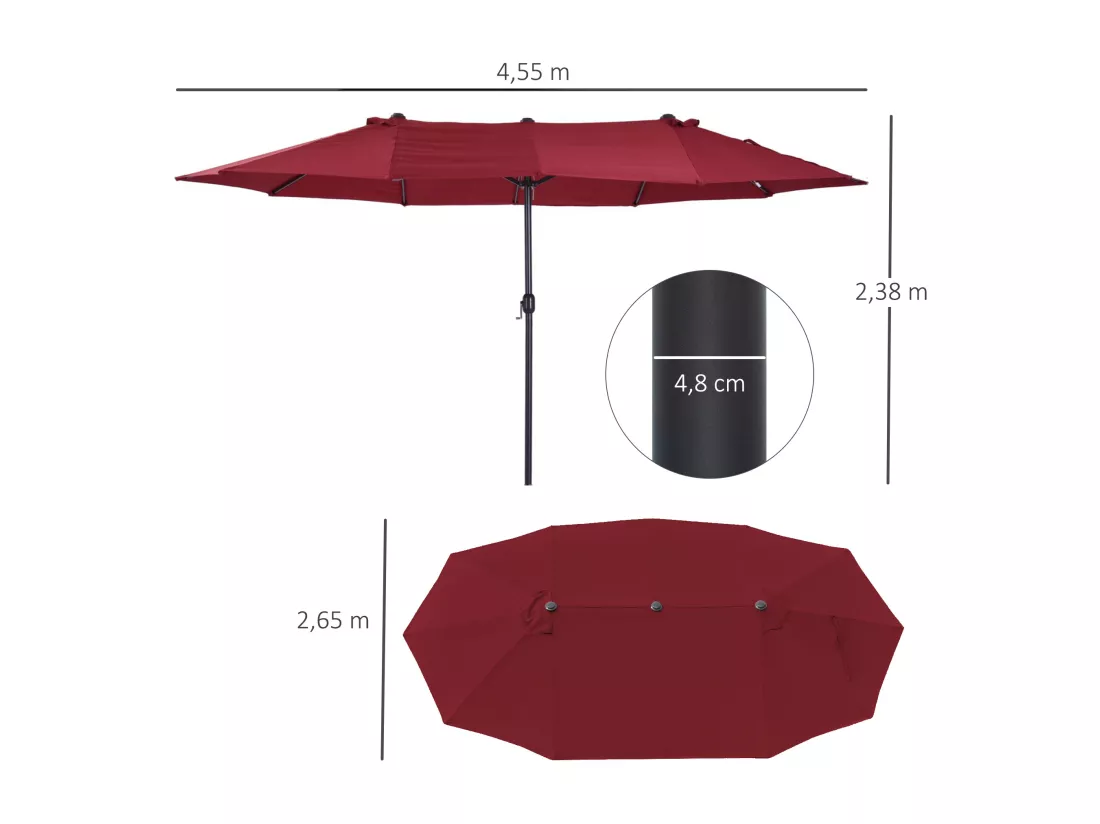 Parasol de jardin XXL parasol grande taille 4,6L x 2,7l x 2,4H m ouverture fermeture manivelle acier polyester haute densité bordeaux