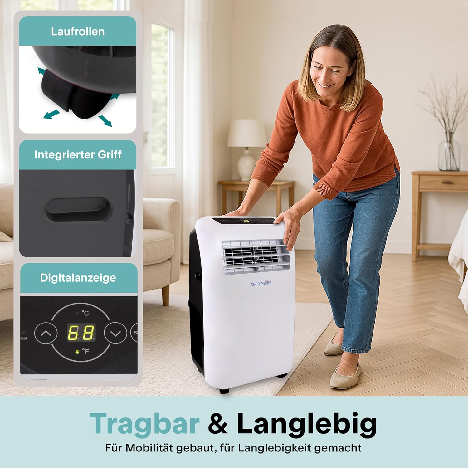 SereneLife Mobile Klimaanlae, Klimagerät, Air Conditioner, 7000 BTU, 2kW- Mobiles Klimagerät- mit Abluftschlauch, 3in1 Luftkühler,Luftentfeuchter & Ventilator, 24h Timer, Fernbedienung, Raumgröße 33m2