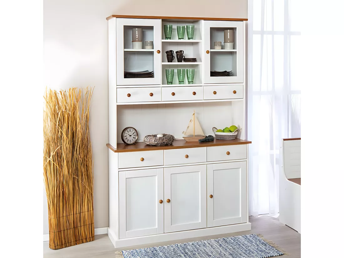 SOCOA - Buffet Vaisselier 5 Portes 6 Tiroirs Bois Massif Vernis Sepia et Blanc