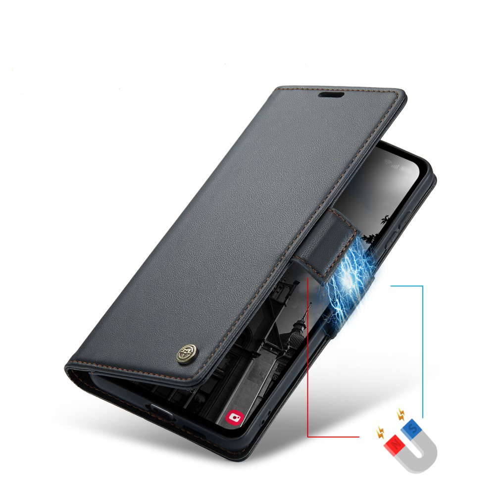 Samsung Galaxy A55 Leder Tasche Flip Wallet Etui mit Kartenfächern Litchi Look (RFID Schutz) - Schwarz