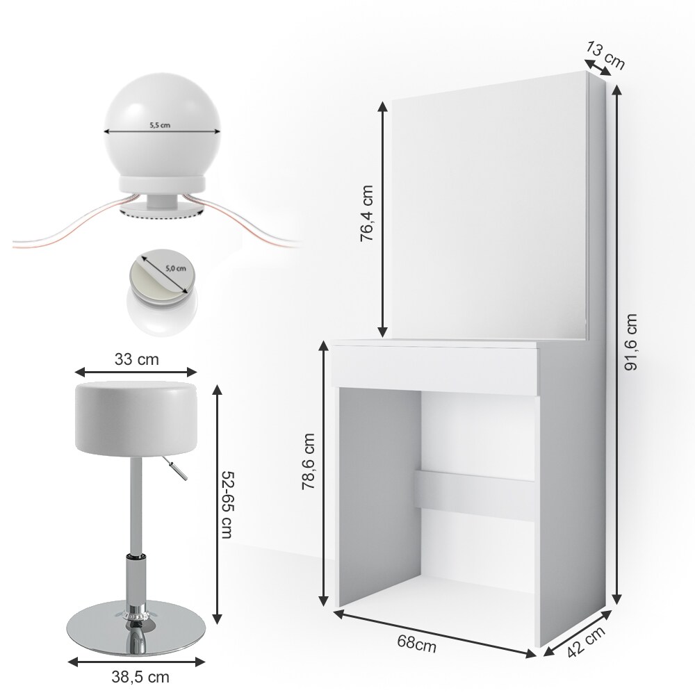 Vicco Schminktisch Melle Frisiertisch Kommode Frisierkommode Spiegel Weiß inklusive Hocker und LED-Lichterkette