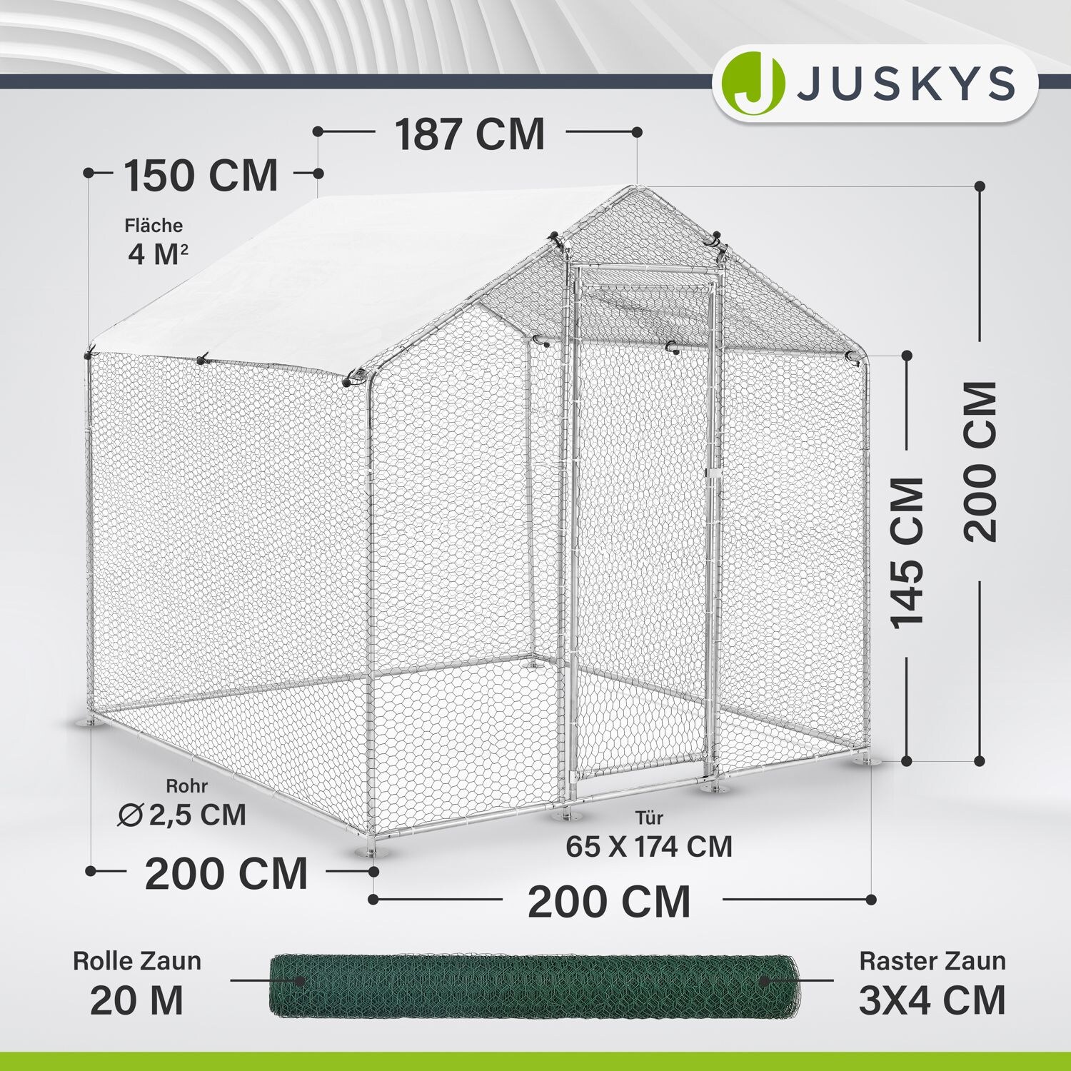 Juskys Freilaufgehege 2x2x2m aus Metall - Freigehege begehbar mit 4 m² Lauffläche, Tür & Riegel