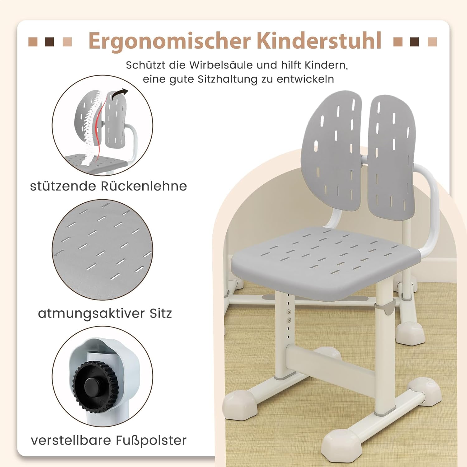 COSTWAY Schreibtisch Kinder mit Stuhl, Kinderschreibtisch höhenverstellbar mit neigbarer Tischplatte, Jugendschreibtisch mit Schublade & Buchständer für Schulanfänger ab 3 Jahren (Grau)