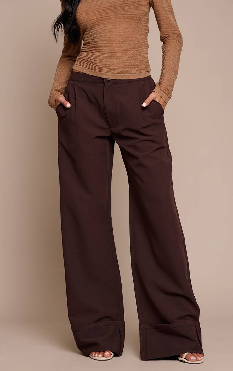 Dark Chocolate Pantalon Large Plissé Ajusté En Tissu Tissé