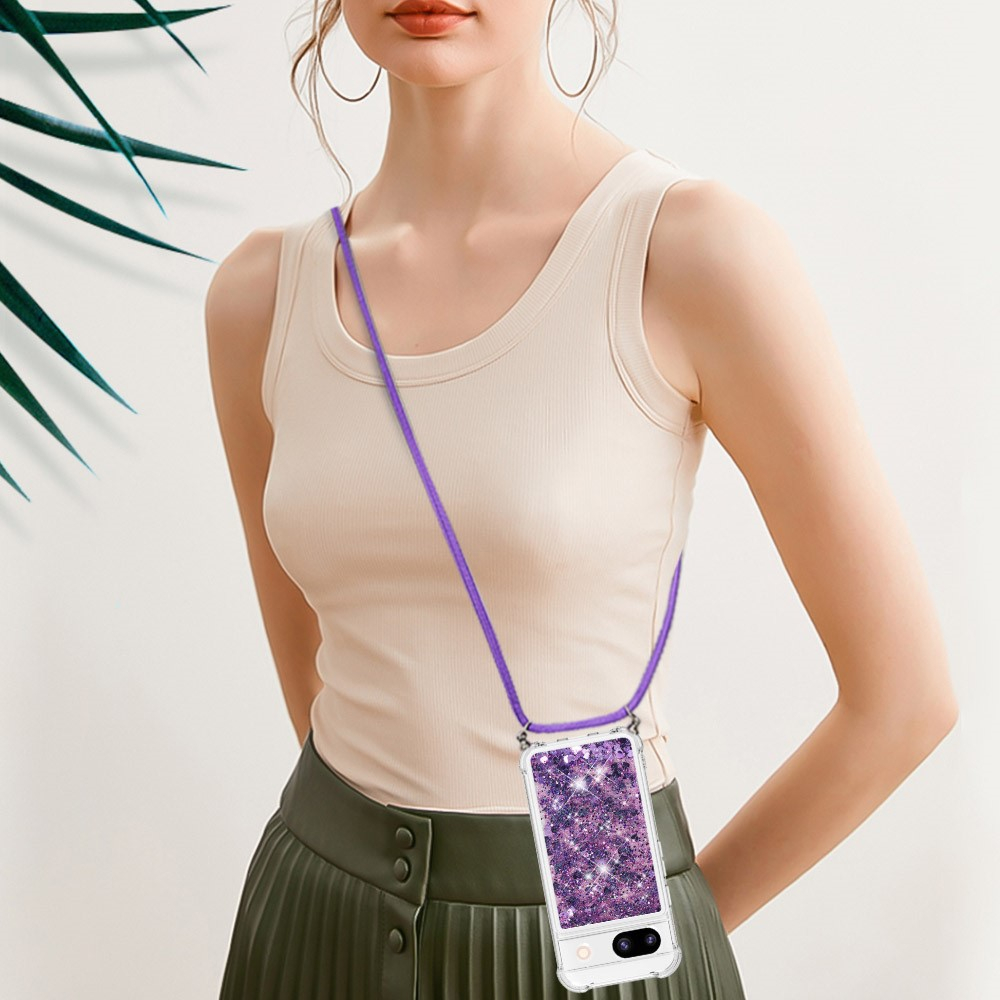 Google Pixel 8a Necklace Gummi Hülle Liquid Glitzer   Handykette (130cm) - Violett / Silber