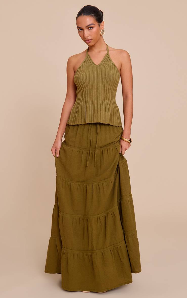 Vert Olive Haut En Maille À Col Licou Avec Détails De Perles