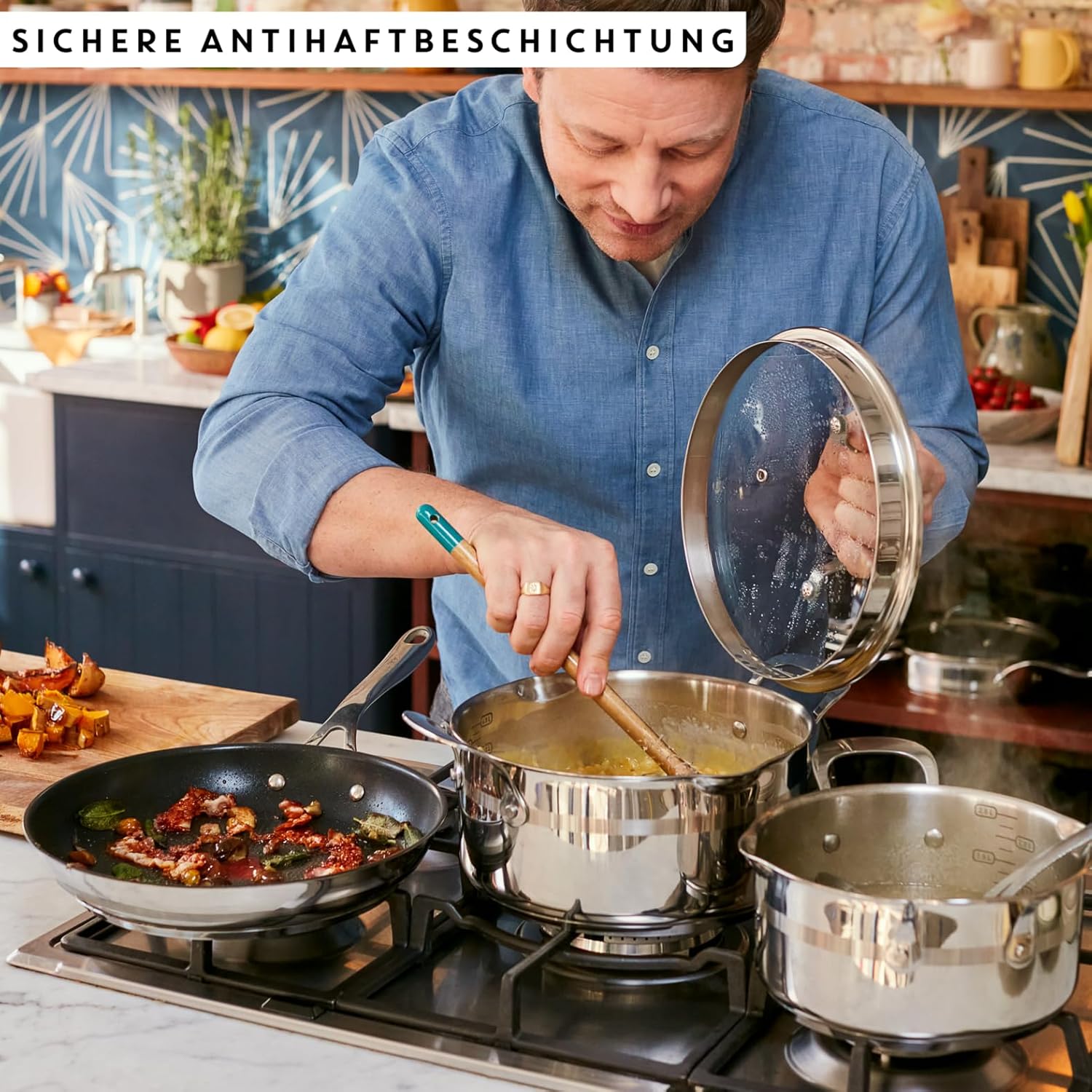 Tefal Jamie Oliver Cook Smart Pfannenset 20/24/28cm, Pfanne Induktion, sichere Titanium 2x Antihaftversiegelung, Antihaftpfanne,Thermo-Signal, für alle Herdarten geeignet, ergonomischer Griff, E310S3