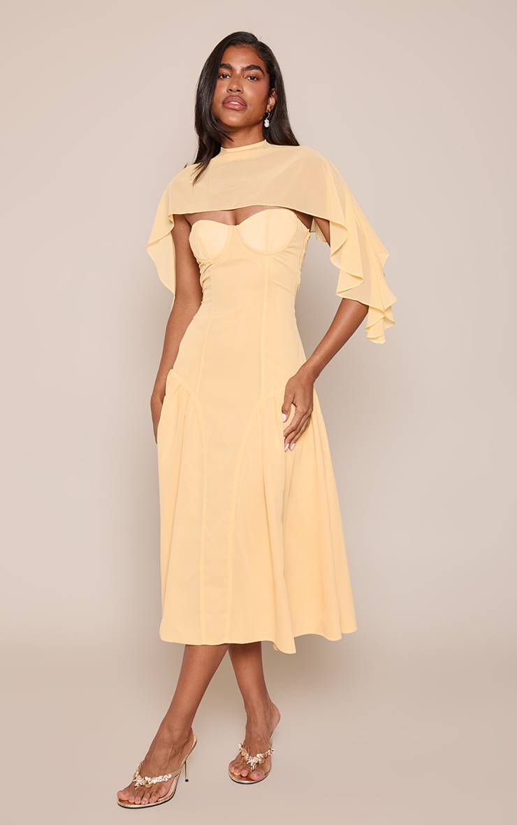 Citron Robe Midi Patineuse Bandeau Avec Détail Cape En Mousseline