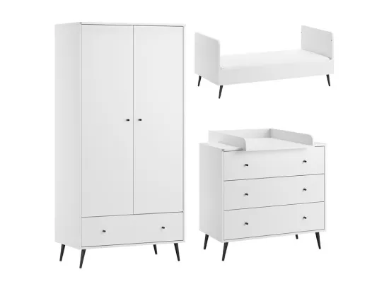 Chambre complète lit évolutif 70x140 commode à langer et armoire 2 portes Blanca Blanc