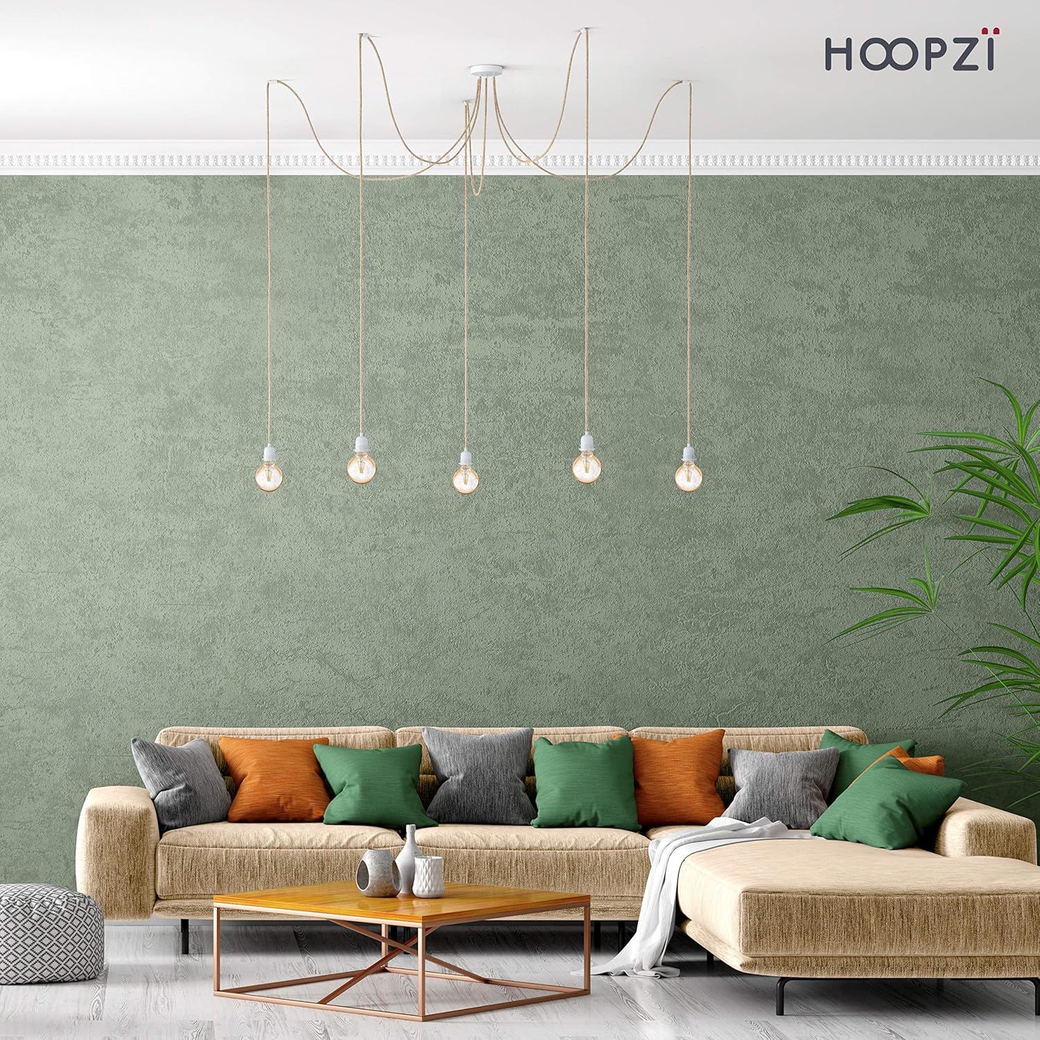 Hoopzi - Pendelleuchte 5 Flamming - 3,5m Textilkabel Seil und Weiß - 5 X E27 Fassung - Vintage, Industrial Für Esstisch, Wohnzimmer, Esszimmer, Zimmer, Schlafzimmer, Küche