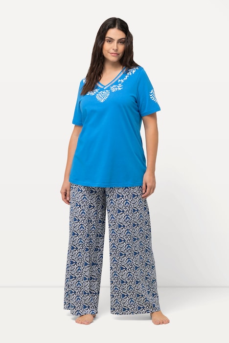 Pyjama, floraler Druck, V-Ausschnitt, Halbarm