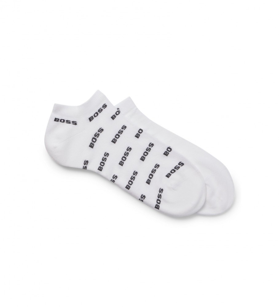Pacote com 2 pares de meias BOSS com estampa total, brancas.