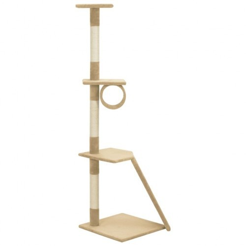 Arranhador bege para gatos com hastes de sisal.