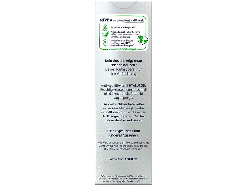NIVEA MEN Augencrème Anti-Age Hyaluron 15 ml Augenpflege reduziert Anzeichen von Müdigkeit und mildert Falten im Augenbereich