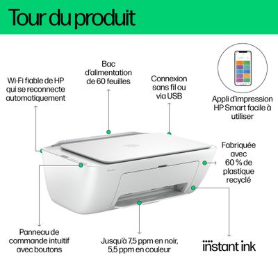 HP Deskjet 2810e All-in-One - imprimante multifonction jet d'encre couleur A4, éligible Instant Ink