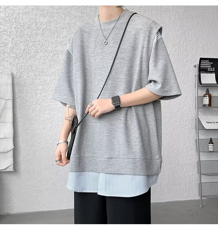 Craltuxe - T-shirt met korte mouwen, ronde hals en krijtstreeppatchwork