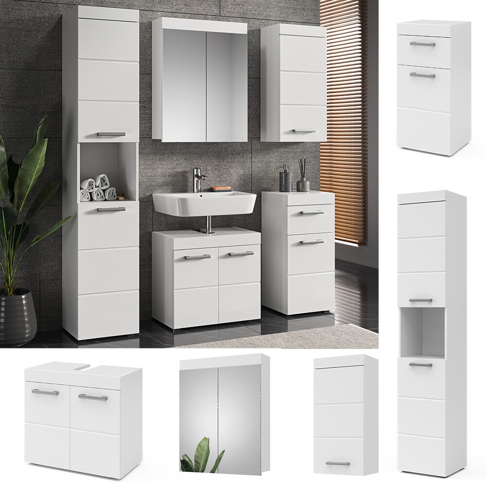 Vicco Badmöbelset Luna Weiß Skandi Badezimmerschrank Badschrank Waschtischunterschrank Spiegelschrank Midischrank Hochschrank Hängeschrank Schranktür Schrankfach Schrankschublade Ablage Aufbewahrung